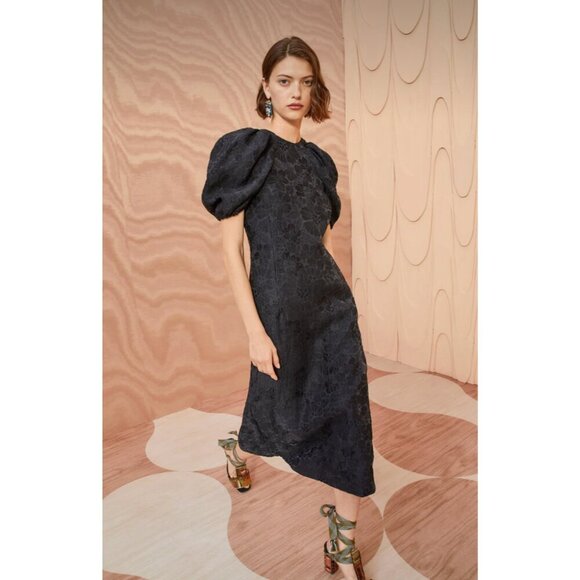 Ulla Johnson Amandine Dress Black Puff Sleeve Midi Silk Blend Jacquard - Picture 1 of 10